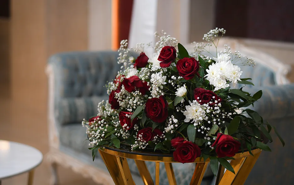 A red and white floral arrangement